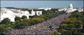 Photo: The Million Man March on the Mall, looking towards the U.S. Capitol as seen from the top of the Smithsonian Castle Building's Clock Tower. Credit: Jim Wallace