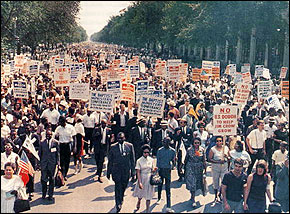 Photo: Roy Wilkins with a few of the 250,000 participants on the Mall heading for the Lincoln Memorial in the NAACP march on Washington on August 28, 1963. Credit: Library of Congress, P&P Collection
